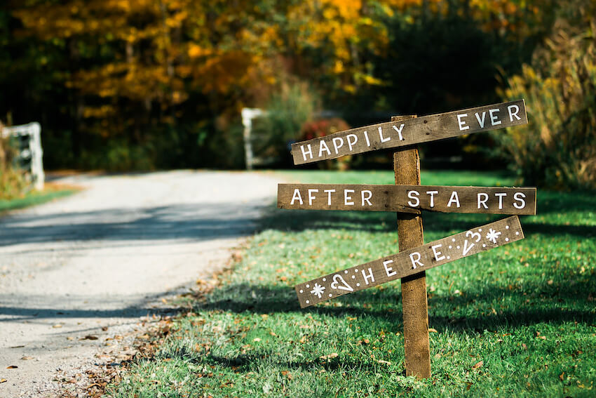 Fairy wedding: HAPPILY EVER AFTER STARTS HERE signage