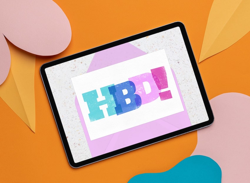 Template birthday card: HBD! on a tablet screen