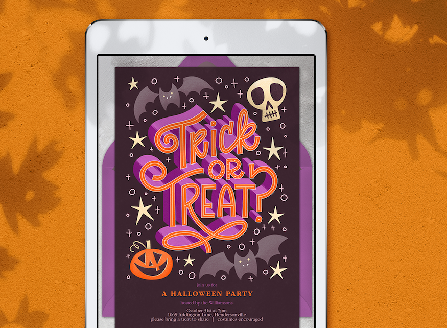 A digital Halloween party invitation displayed on a tablet