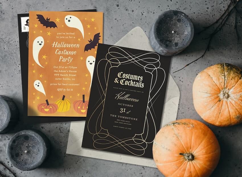 Halloween costume party: Halloween invitation cards, black candles, and 2 small pumpkins