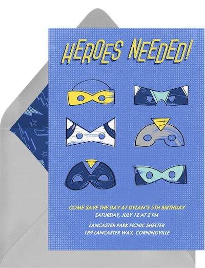 9 year old birthday party ideas: Heroes Needed Invitation