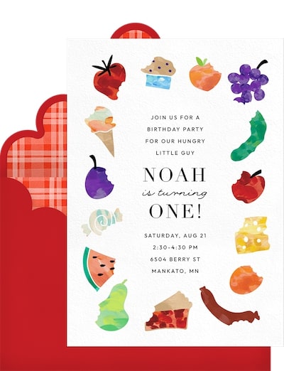 Unique first birthday party ideas boy: Hungry Little One Invitation