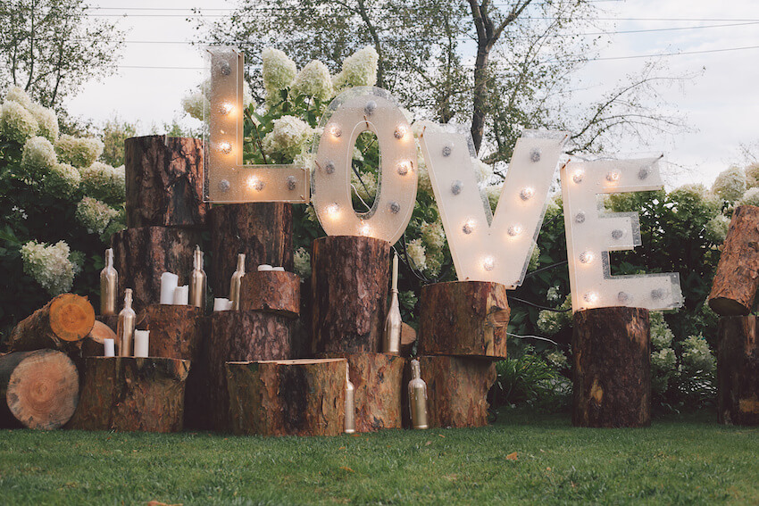 Budget rustic wedding ideas: LOVE signage on top of some logs