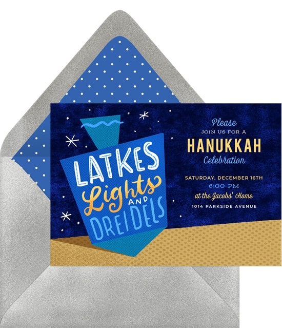 Funny holiday cards: Latkes, Lights, and Dreidels Invitation