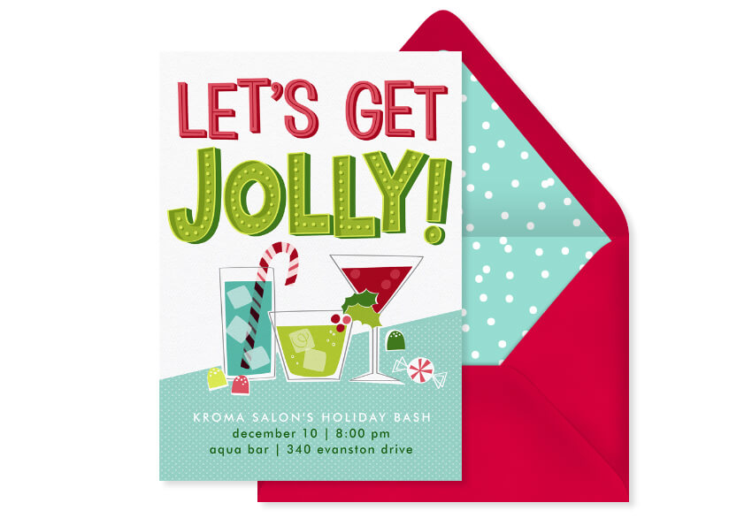 Online invitation featuring festive holiday cocktails that reads "Let's get Jolly!"