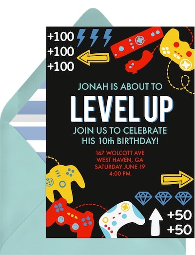 9 year old birthday party ideas: Level Up Invitation