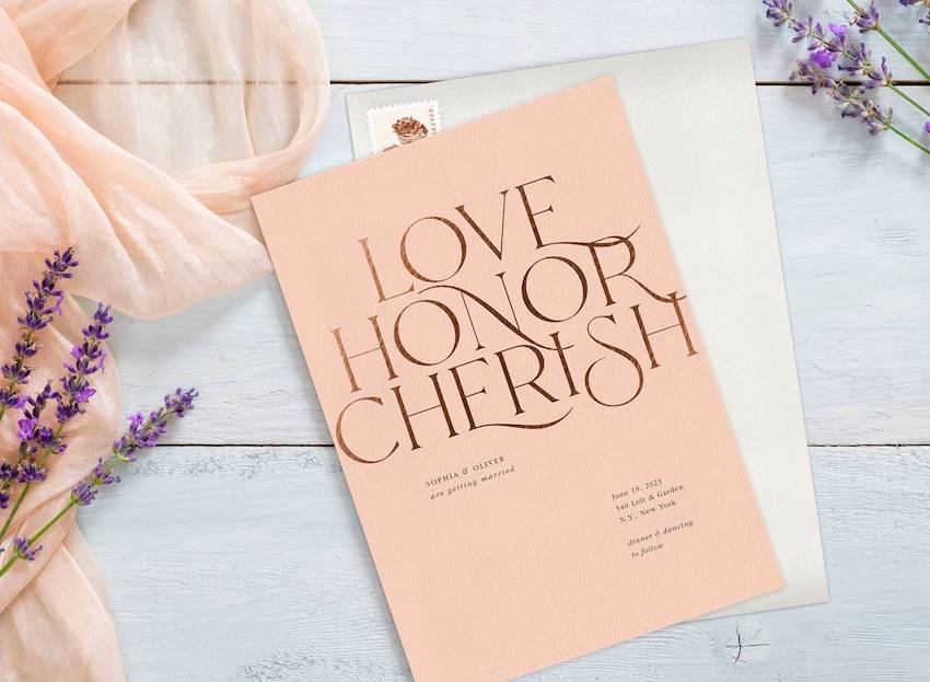 Romantic wedding invitation wording: Love Honor Cherish Invitation