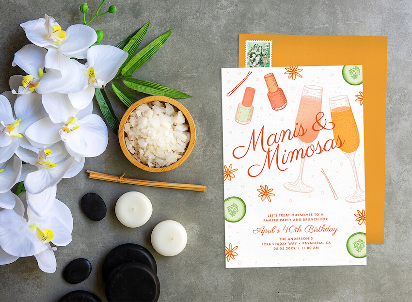 Spa birthday party: Manis & Mimosas birthday invitation card with spa equipments