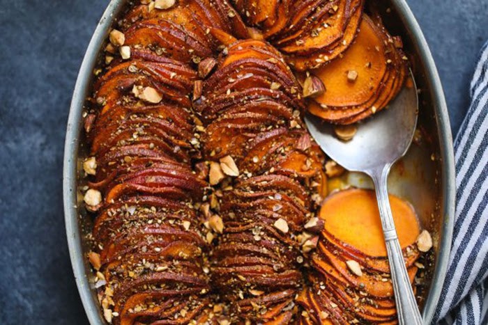 Non-traditional thanksgiving dinner ideas: Maple harissa sweet potato gratin