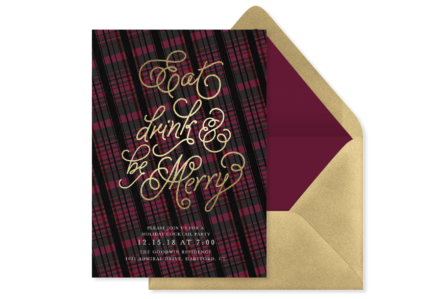 Plaid holiday invitation that says "Eat, Drink, & Be Merry" in gold foil script