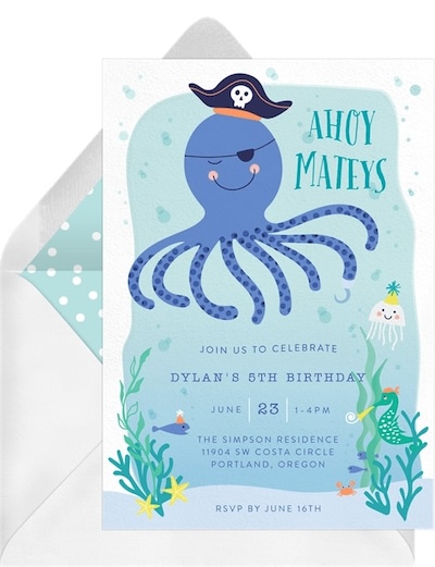 Joint birthday party invitations: Octopus Pirate Invitation