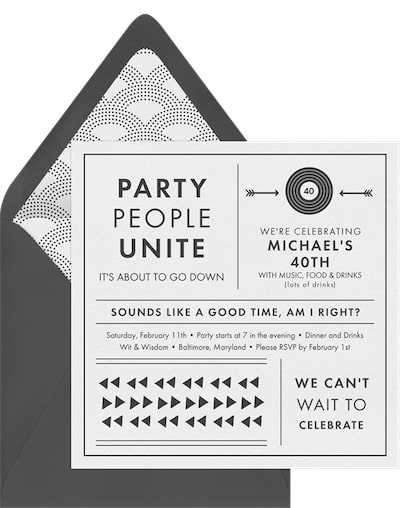 Birthday invitation text: Party People Unite Invitation