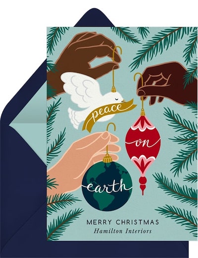 Vintage Christmas cards: Peace on Earth Ornaments Card