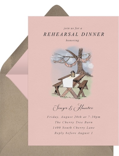 Rehearsal dinner invitations: Rustic Scene Invitation