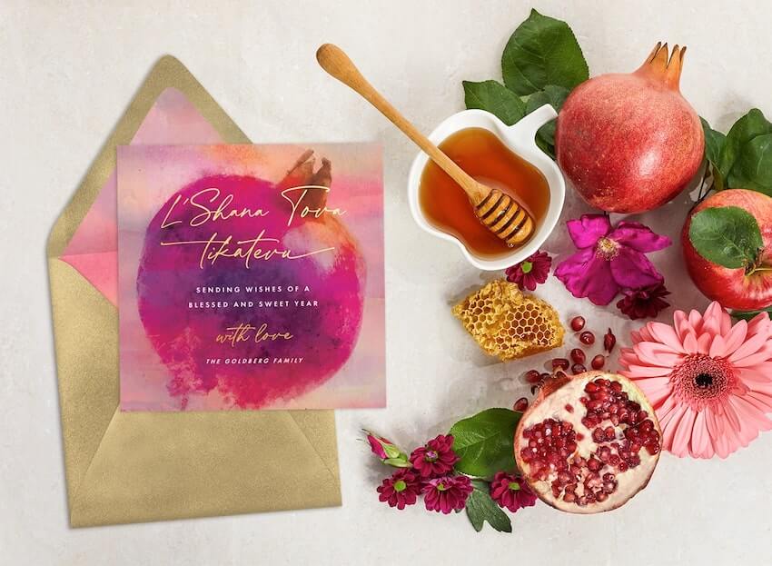 Rosh Hashanah greeting: Shana Tova Blessings Card, honey, flowers, and pomegranates