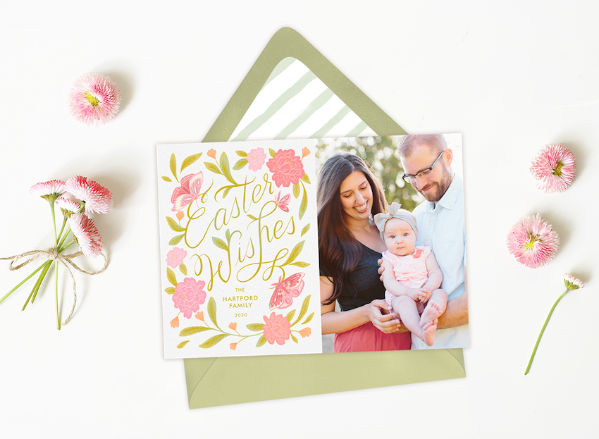 Easter card messages: A card with the words "Easter Wishes" surrounded by spring flowers