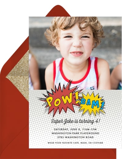 Birthday party ideas: Super Hero Pow Invitation