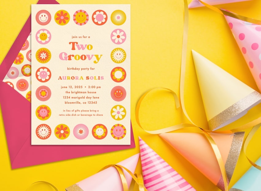 Two Groovy birthday invitation and some party hats