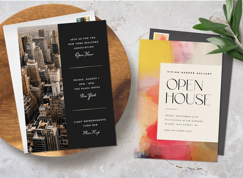Open house invitation: Vibrant Backdrop Invitation and Elegant Triple Pane Invitation on a table