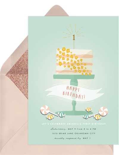 First birthday themes: Whimsical Cake Invitation