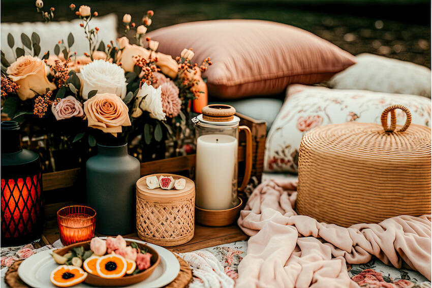 Aesthetic picnic with flowers and candles
