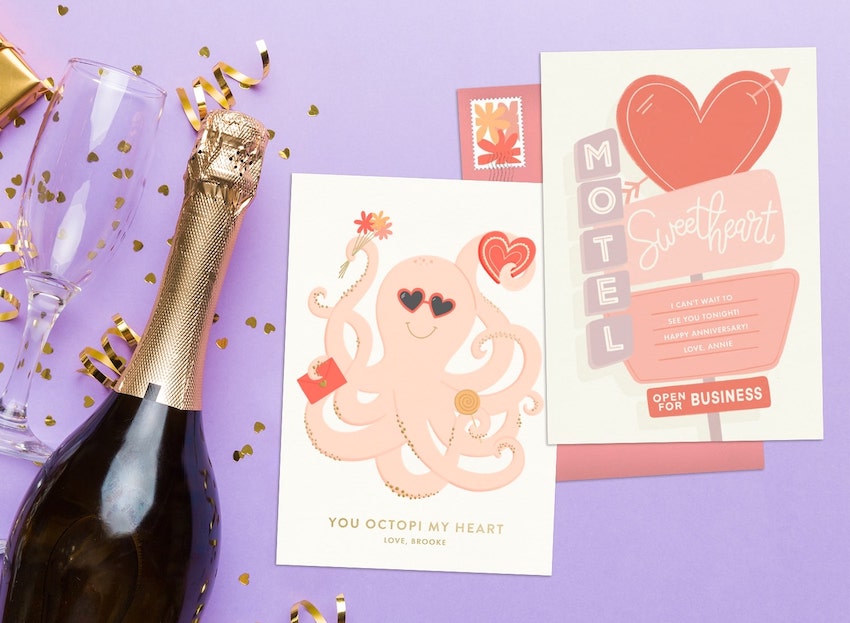 Funny anniversary cards: anniversary cards, a champagne glass, and a bottle of champagne