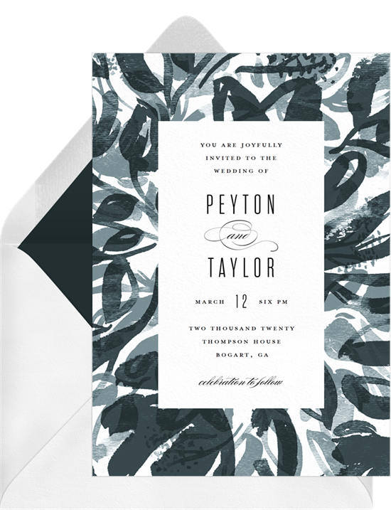 Modern digital wedding invitations with abstract, watercolor leaves around the border