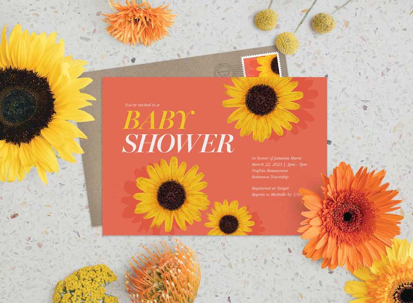 Sunflower baby shower: baby shower invitation with sunflowers surrounding it