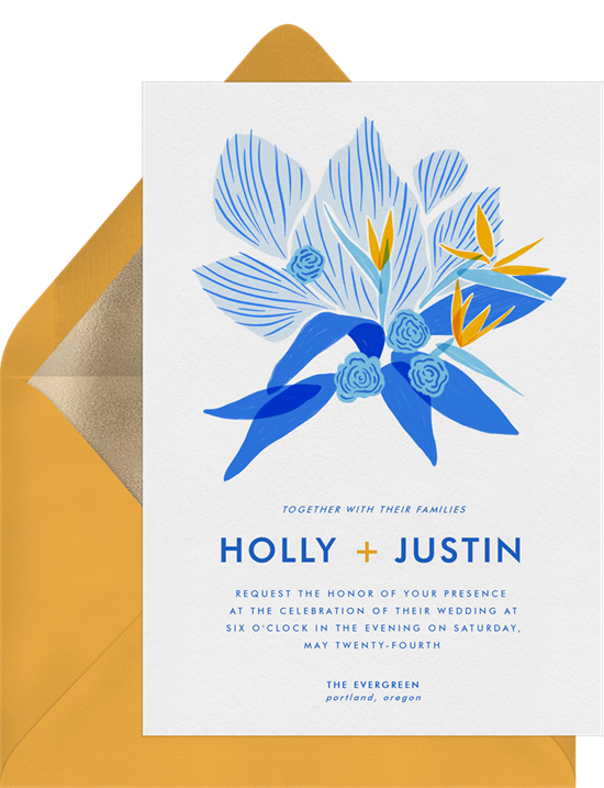 Tropical wedding invitation examples with a blue and yellow, abstract bird of paradise flower