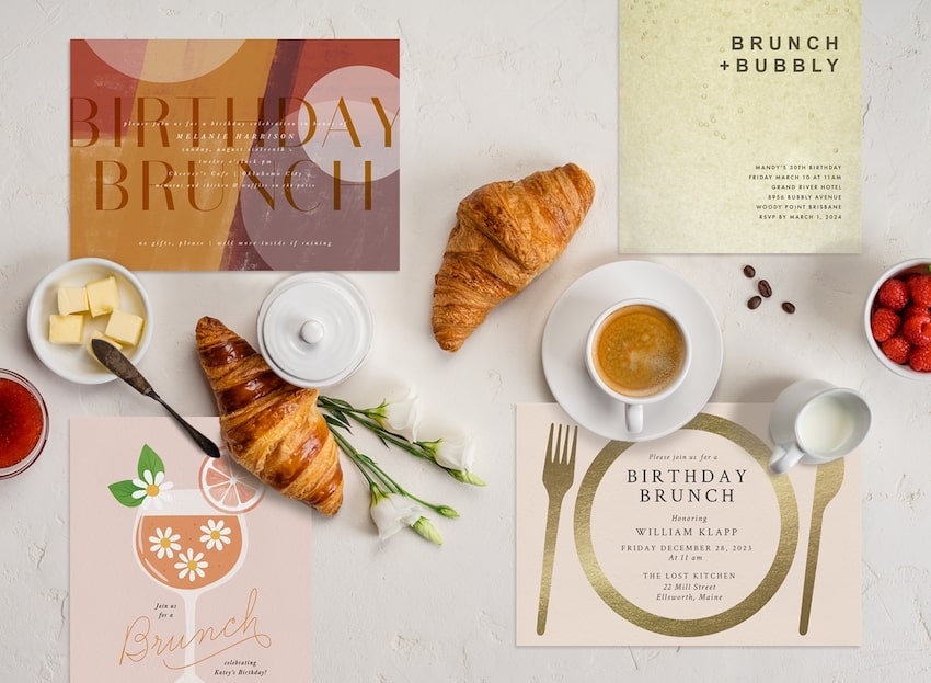 Birthday brunch invitations, 2 croissants, and a cup of coffee