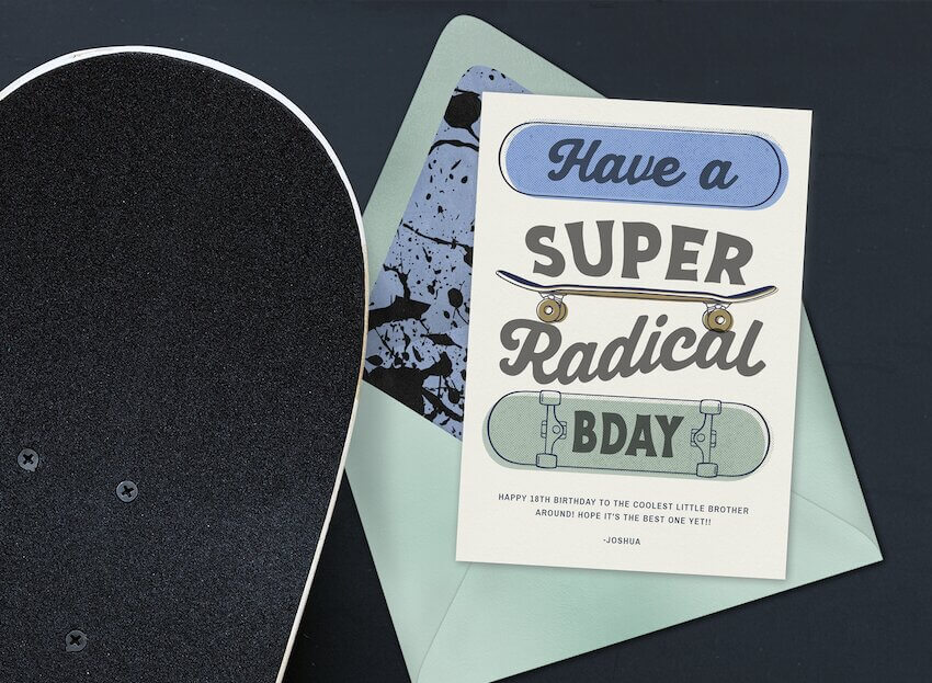 Birthday wishes for brother: birthday card and a skate board