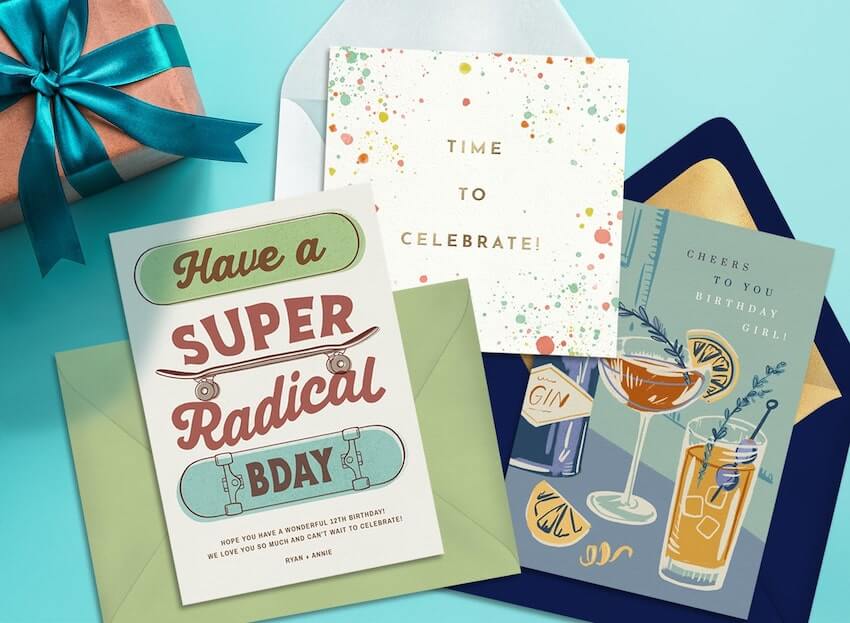 Birthday greetings: birthday invitation cards and a gift