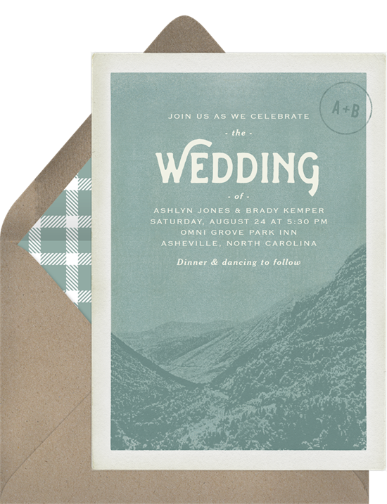 Digital wedding invitations featuring a vintage postcard design of the Blue Ridge Mountains