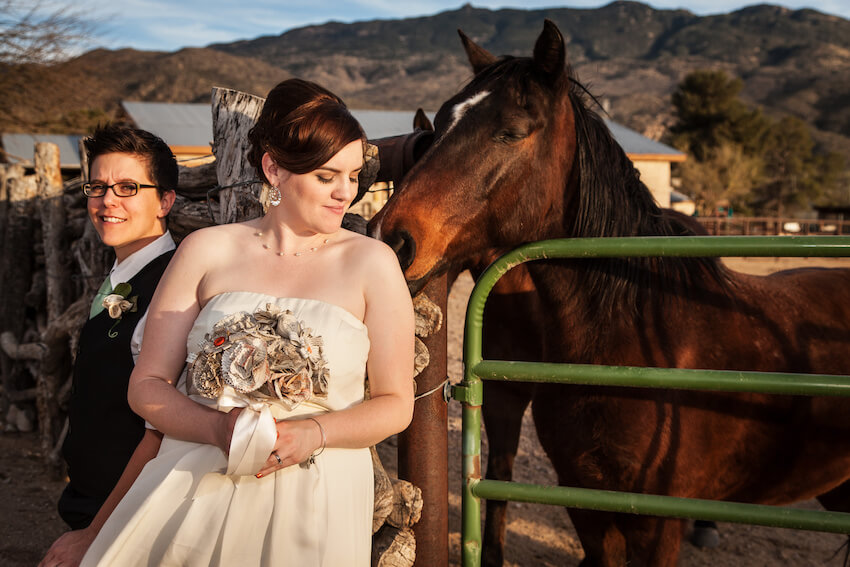 Bride and groom posing beside a horse