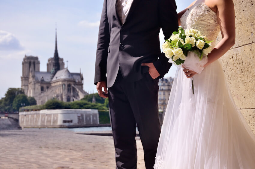 Wedding attire black tie: bride and groom standing outside
