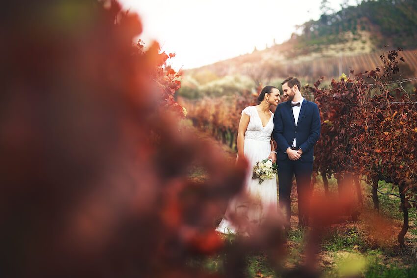 Wedding budget breakdown: bride and groom walking in a lush garden