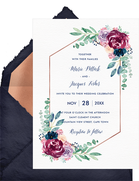 Floral, terrarium-inspired wedding invitation examples with text surrounded by a rose gold hexagon and watercolor flowers