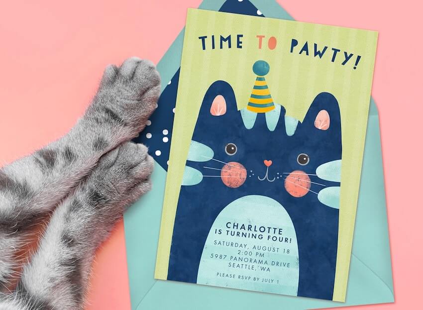 Cat birthday invitations: cat's paws beside the Time To Pawty Invitation card