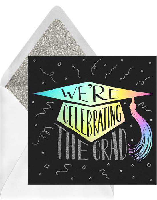 "We're celebrating the grad" online graduation invitations with a rainbow metallic graduation cap