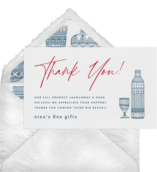 Business thank you cards featuring linen envelopes and line-drawing illustrations