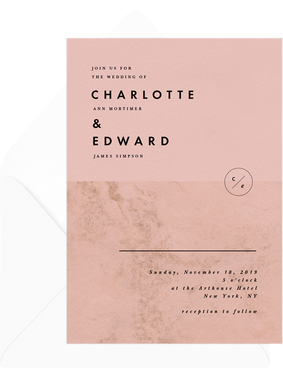 Pink and marble modern digital wedding invitations with digital envelope