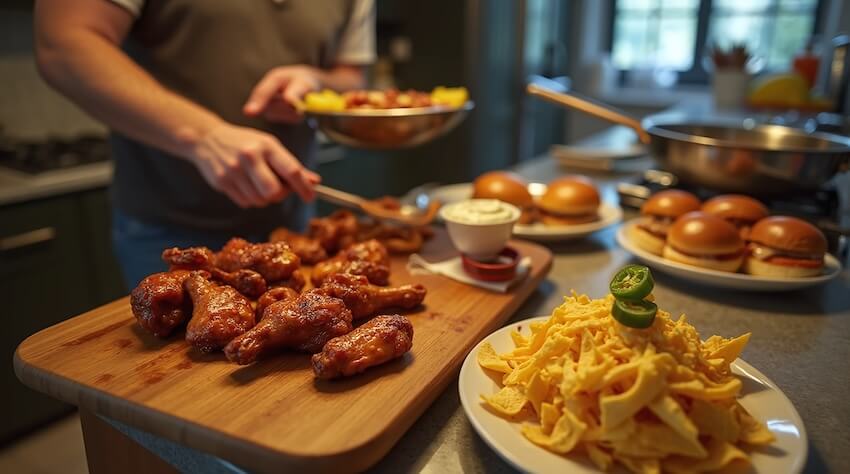 Football party food ideas: chicken wings, burgers, and nachos on a table