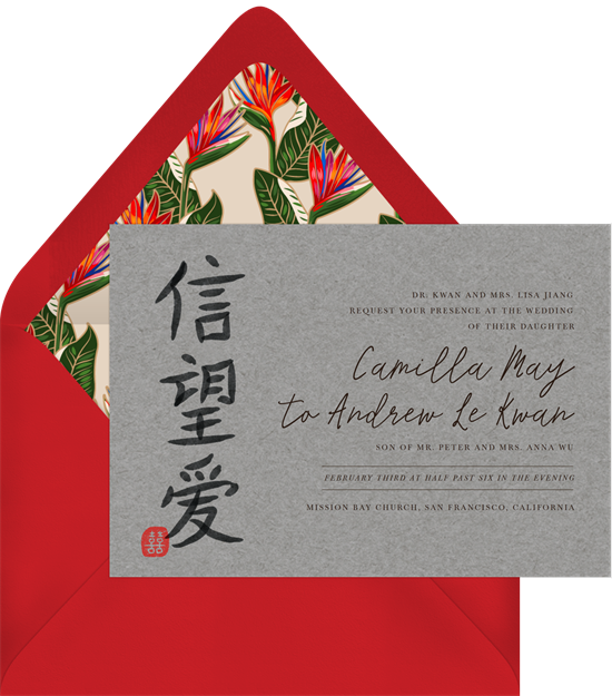 Affordable wedding invitations that features Chinese calligraphy and a red envelope