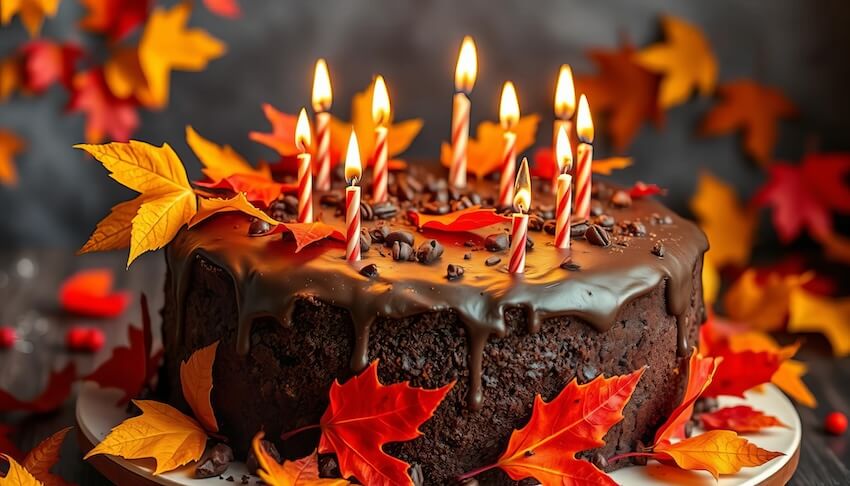 Fall birthday party ideas: autumn-themed chocolate birthday cake with lit candles and edible autumn leaves