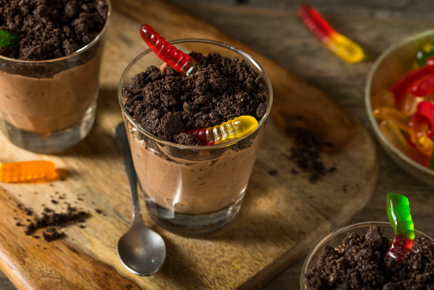 Chocolate dirt pudding with gummy worms