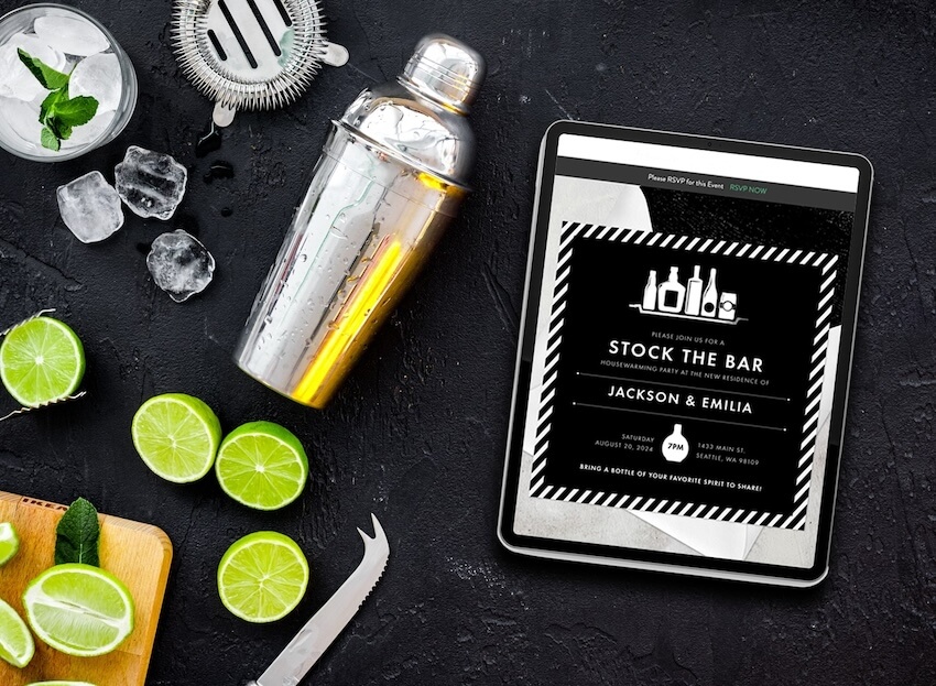 Cocktail equipment and a stock the bar party invitation on a tablet screen