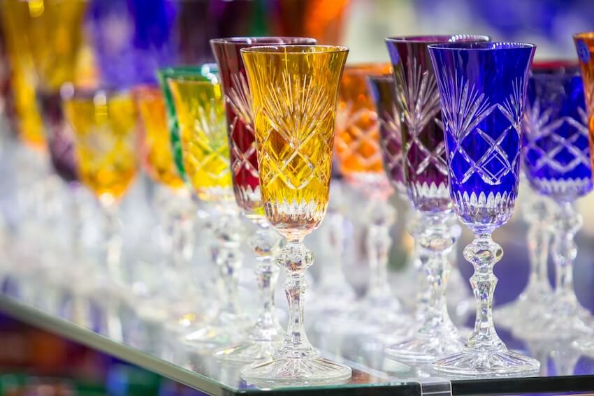Colorful crystal glasses on a table