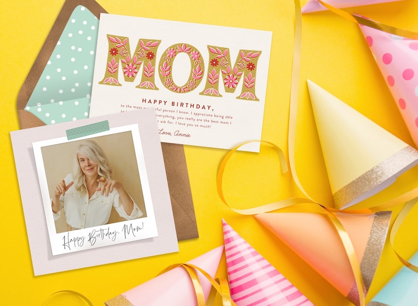 Colorful party hats and birthday cards for moms