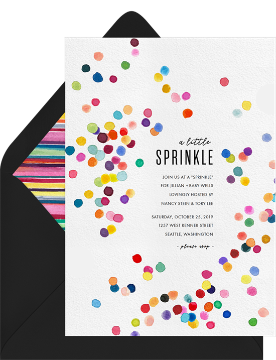 Baby shower ideas: A baby shower invitation covered in watercolor sprinkles for an ice cream social shower