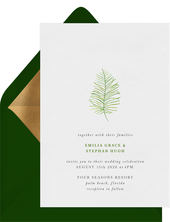 Beach wedding invitation: the Delicate Palm Frond invitation design from Greenvelope